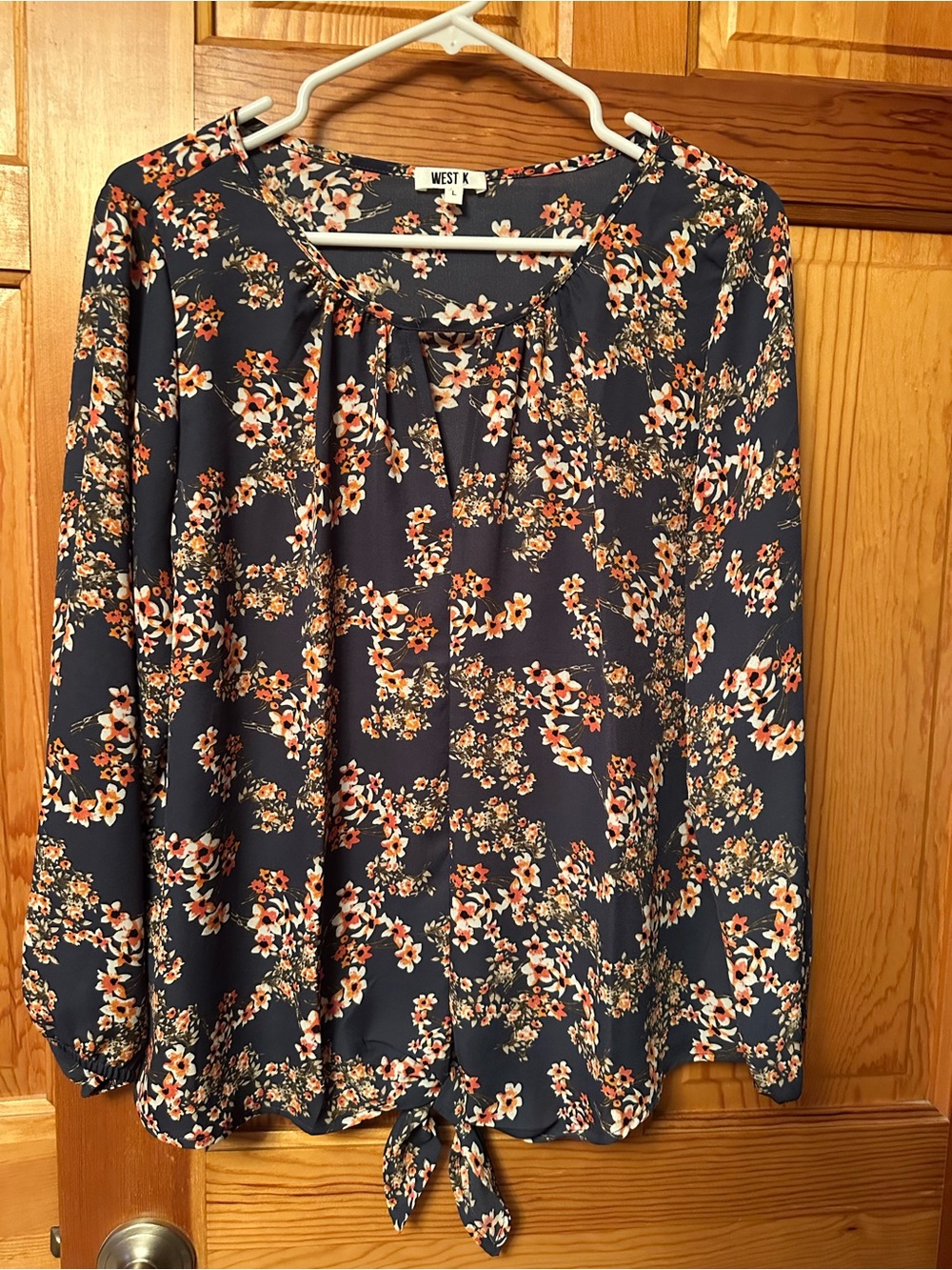 West K Navy Floral Tie-Hem Long Sleeve Blouse